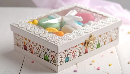 Decorative box filled with colorful candies and macarons
