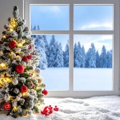 Decorated evergreen tree in a window with snow and winter landscape
