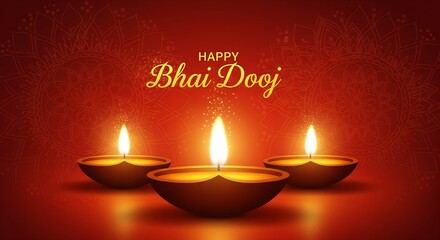 Beautiful Bhai Dooj Greeting Illustration Featuring Glowing Diyas and Intricate Mandala Art Radiant Warm Colors Representing Love Between Siblings Perfect for Festive Posters Cards and Digital Designs