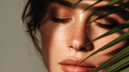 Intimate portrait of a young beautiful woman with closed eyes and palm leaf shadow featuring a healthy brunette on a neutral backdrop Related to cosmetics and skincare
