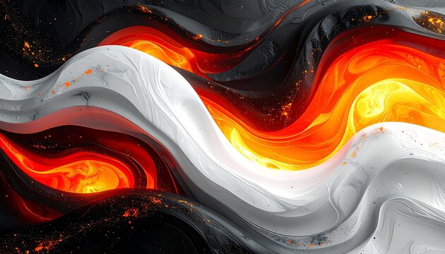 Flowing abstract artwork with swirling black, white, and fiery orange