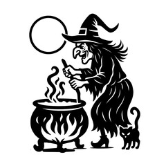 Halloween Witch Stirring Cauldron Black and White Vector Illustration

 

 
