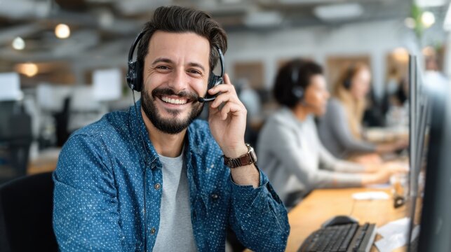 Joyful white male tech support agent chats warmly with a customer using a hands free headset at a call center Grinning service rep advises clients - Powered by Adobe