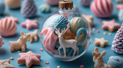 Festive holiday vignette with a transparent bauble holding a tiny reindeer amid pastel meringues, cookies and sprinkles for a whimsical, cozy winter celebration scene