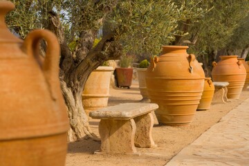 Naklejka premium Serene Mediterranean garden oasis featuring large terracotta amphorae, ancient olive trees, and rustic stone benches bathed in warm sunlight