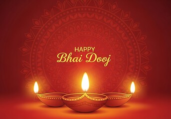 Beautiful Bhai Dooj Greeting Illustration Featuring Glowing Diyas and Intricate Mandala Art Radiant Warm Colors Representing Love Between Siblings Perfect for Festive Posters Cards and Digital Designs