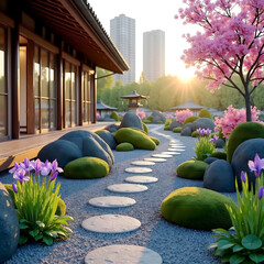 The Soul of Japan: The Eternal Aesthetics of Harmony
Traditional Dry Landscape Garden with Purple Irises Against Urban Background