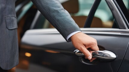 Businessman with chauffeur at taxi door for transport featuring a man s hand on the vehicle handle in a professional service