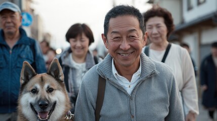 Naklejka premium A middle aged Japanese man strolls with his dog surrounded by friendly pet owners and a trainer all smiling for the camera