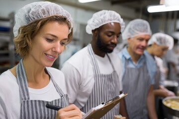 Volunteers with clipboards ready to cook in a shelter kitchen for the homeless