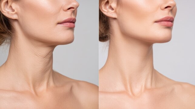 Double chin lift idea Woman s before and after results from surgery or facial exercises Removal of chin fat and face shape improvement