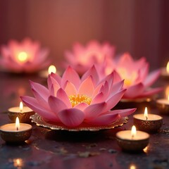 Pink lotus flowers float with lit candles. Gentle flames illuminate serene blossoms and water. Peaceful scene for meditation or spiritual ceremonies and holidays.