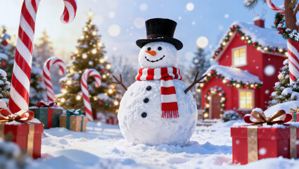 Cute Snowman with Red Scarf and Hat in Christmas Village Surrounded by Gifts and Candy Cane