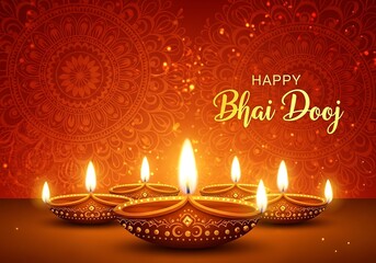 Beautiful Bhai Dooj Greeting Illustration Featuring Glowing Diyas and Intricate Mandala Art Radiant Warm Colors Representing Love Between Siblings Perfect for Festive Posters Cards and Digital Designs