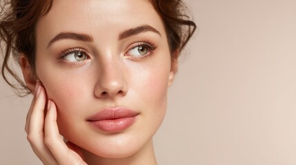 Close up portrait of a lovely young woman with clear healthy skin looking into the distance Beauty and spa concept