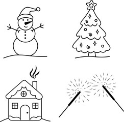 A New Year vector set with a snowman, a Christmas tree, a house and sparklers. Vector illustration for the new year.