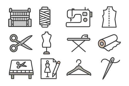 Sewing tools and garment making icons in linear style for fashion design projects