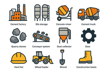 Industrial equipment icons set featuring construction and manufacturing tools