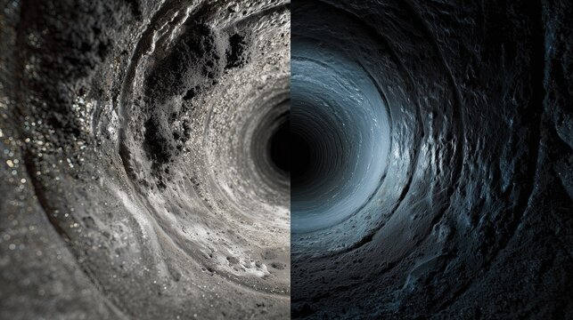 Before and after comparison of air duct cleaning showing dirty ventilation pipe transformed into clean and shiny system interior
