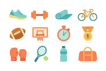 Fitness and sports equipment icons in colorful flat design