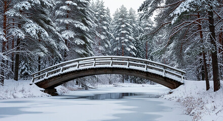 A wooden bridge arches gracefully over a frozen river, surrounded by snow-covered evergreen trees in a serene winter wonderland scene.