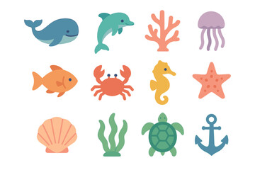 Cute marine life icons: cartoon sea creatures and nautical elements