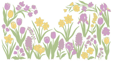 Fototapeta premium A charming assortment of pastel spring flowers, featuring tulips, daffodils, and irises in a delightful pattern