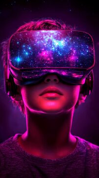 A boy wearing a virtual reality headset is looking at the stars. Concept of wonder and curiosity about the universe