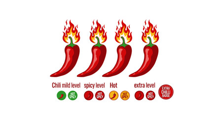 Spicy food heat level indicator with four flaming red chili peppers representing mild, spicy, hot, and extra hot levels. Vector icon set for restaurant menus