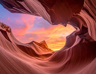 Deep canyon with sculpted sandstone framing a vibrant sunset