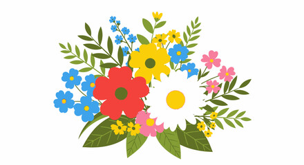 Vibrant Spring Bouquet of Assorted Flowers and Green Leaves Isolated on White Background, Representing Nature's Beauty and Renewal