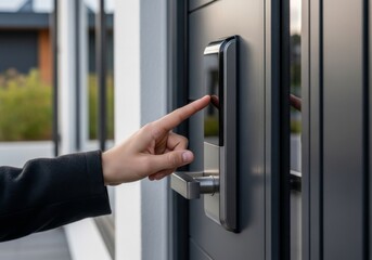 Hand interacting with a modern digital smart door lock for secure home access