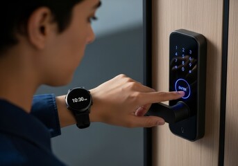 Seamless Home Access Man Unlocking Smart Door with Digital Keypad Technology