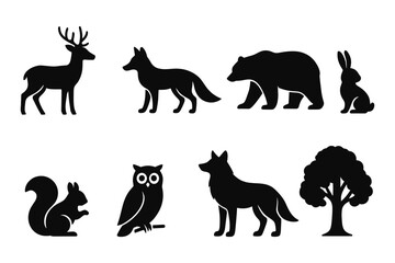 Fototapeta premium Wildlife silhouettes: deer, fox, bear, rabbit, squirrel, owl, wolf, tree in black