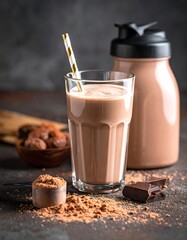 Chocolate drink with shaker, cocoa nibs, and protein powder