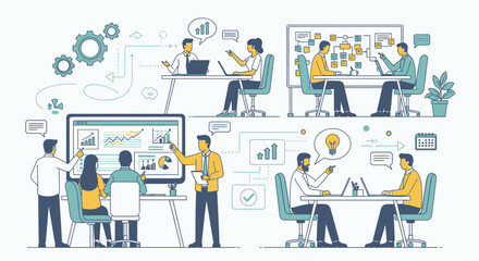 Business strategy planning and teamwork illustration with people collaborating around tables and digital screens
