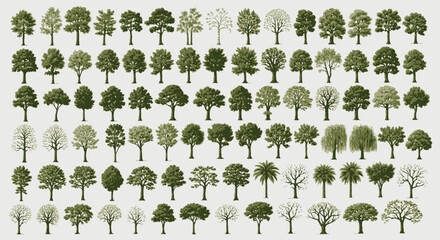 A diverse collection of various green tree illustrations, showing different species and foliage for nature and design projects