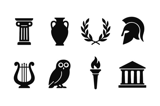 Ancient greece icons: column, helmet, laurel, and more in bold silhouette style