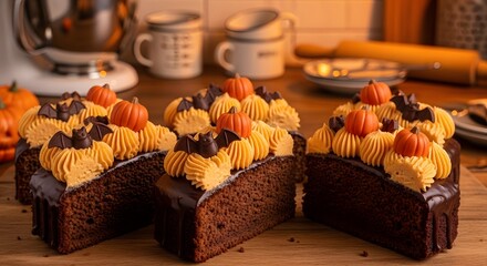 Close up of halloween themed chocolate cakes with pumpkins and bats on a wooden surface indoors