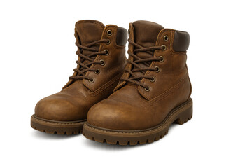 Pair of brown leather work boots on transparent background, symbolizing durability, outdoor activity, and safety footwear