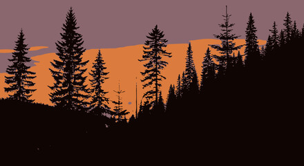 Silhouette of a Forest at Sunset A Serene Landscape Illustration with Tall Pine Trees