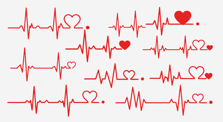 A collection of red heartbeat cardiogram pulse lines with heart shapes, an icon set symbolizing love, life, and medical cardiology