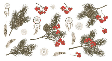 Bohemian-inspired collection of pine branches, dreamcatchers, feathers, and berries in a rustic, earthy aesthetic