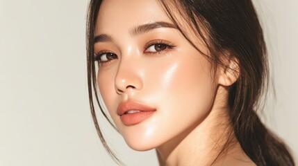 Naklejka premium Attractive young Asian woman with radiant skin polished makeup and sleek hair in a light setting an embodiment of natural beauty