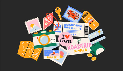 Sea travel stickers in retro cartoon. Tickets, maps, key, room numbers, vacation vibe, 90s travel aesthetic, illustration in retro cartoon style, trendy patches, labels, stamps, tags