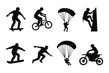 Fototapeta premium Silhouette adventure sports: paragliding, skateboarding, bmx, rock climbing, and motorcycling