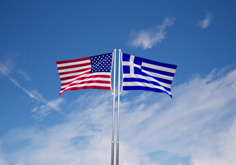 flags of  Greece and United States of America over blue sky background.