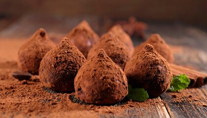 Chocolate truffles dusted with cocoa, arranged on rustic wooden surface