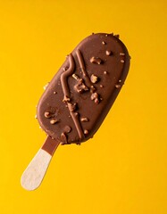 Chocolate-covered popsicle with nuts on a vibrant yellow background