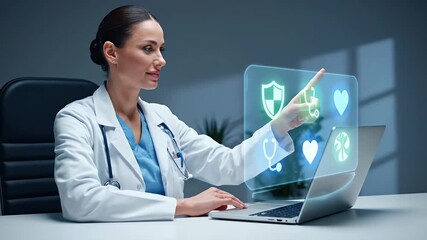 Focused Female Doctor in White Coat Typing on Laptop with Holographic Medical Icons at Desk Against Dark Gray Wall in Office, Professional Tone - Powered by Adobe